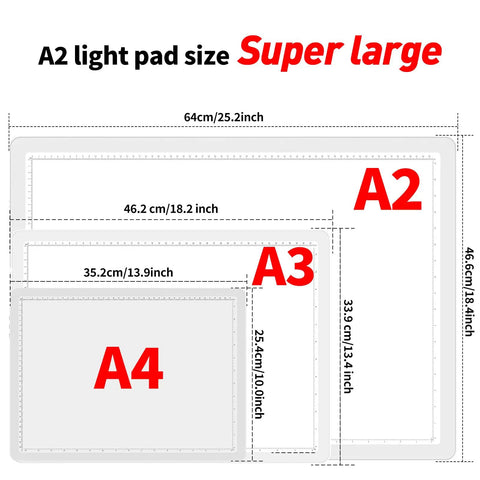 A2 Magnetic LED Light Pad size comparison with A3 and A4, showing dimensions of 25.2 by 18.4 inches for diamond painting, tracing, sketching.