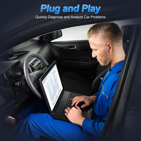 Mechanic using laptop with Bluetooth OBD2 Scanner For iPhone iOS Android Windows Car Code Reader in vehicle.