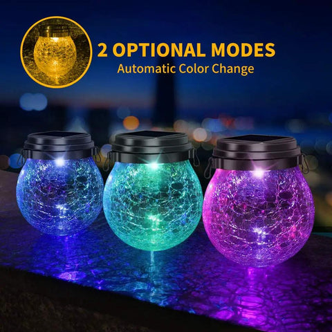 Outdoor Solar Lanterns 2 Pack IP65 Waterproof Hanging Lights With Warm Amber and RGB Glow Crackle Glass Ball Globes, color change
