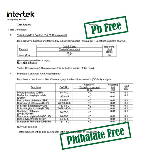 Test report showing Heavy Duty Food Saver Vacuum Bags as Pb Free Phthalate Free, ensuring food safe materials.