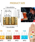Micro 3 Blade Automotive Fuse Kit with see through windows diagram showing dimensions and color-coded fuses in hand