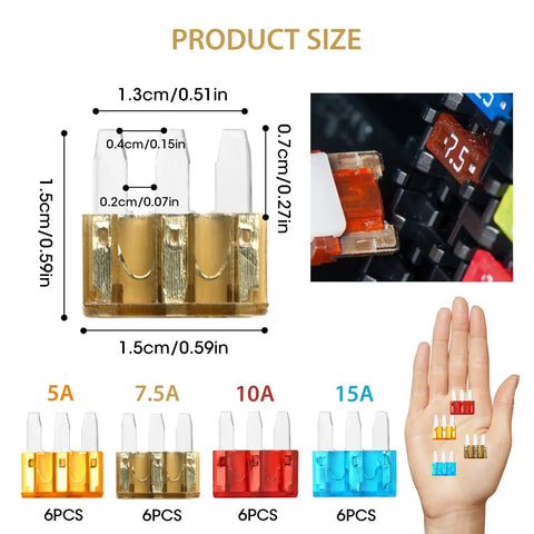 Micro 3 Blade Automotive Fuse Kit with see through windows diagram showing dimensions and color-coded fuses in hand