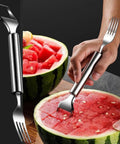 Person using 2-In-1 Watermelon Slicer And Fork, Premium Stainless Steel Cube Cutter Tool for Melon, slicing watermelon cubes