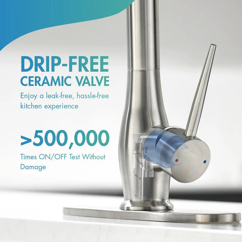Close-up of Pull Down Sprayer Kitchen Faucet With Single Handle And Two Independent Nozzles, brushed nickel finish, ceramic valve detail