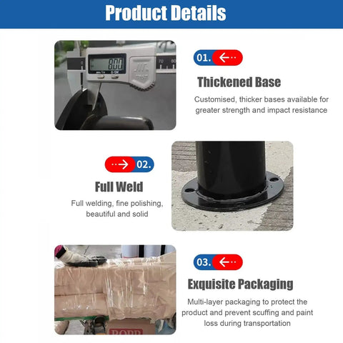 High Visibility 75cm Safety Cones 4 Pack With Delineator Posts For Parking Lots And Industrial Traffic Control Floor Mounted Driveway Barrier Tough Durable Steel Bollard Poles Quick Setup For Safe Guidance, steel base and packaging detail