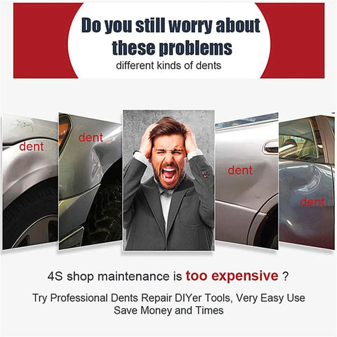 Frustrated man and images of car dents highlighting need for Induction Dent Repair Kit For Paintless Dent Removal And Auto Body Fixes