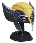 Legit Screen Accurate Wolverine Premium Roleplay Mask Featuring Authentic Movie Details And Officially Licensed Construction For Top Shelf Adult Collectibles And Zero Fuss Cosplay displayed on a black stand.