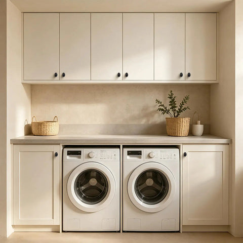 10 Pack Oval Zinc Alloy Cabinet Knobs With Straight Up Matte Black Finish on white laundry cabinetry