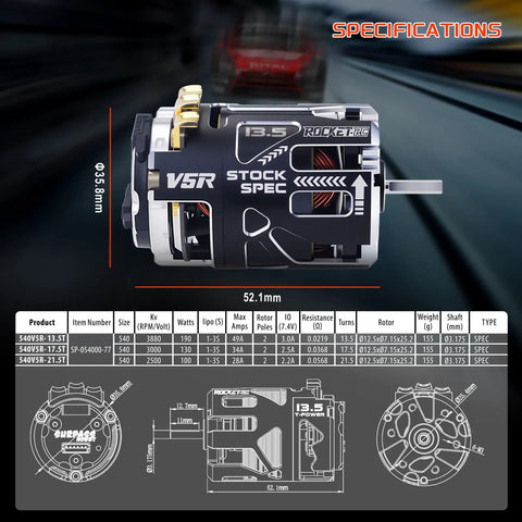 High RPM 540 V5R Sensored Brushless RC Motor 17.5T 2500KV for 1 to 10 scale racing cars with 3.175mm shaft specs