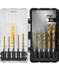 Titanium Nitride Coated Drill Bit Set 10-Piece Impact Ready with Connectable Storage System and clear lid displayed open