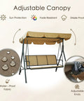 Three Person Outdoor Porch Swing With Canopy Shade, Breathable Textilene Seat And Armrests, Adjustable Canopy, Heavy Duty Powder Coated Steel Frame For Patio, Backyard, Poolside And Balcony, showcasing waterproof fabric and adjustable knob features.