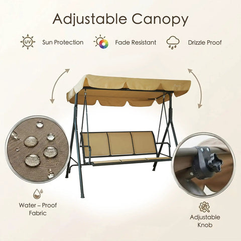 Three Person Outdoor Porch Swing With Canopy Shade, Breathable Textilene Seat And Armrests, Adjustable Canopy, Heavy Duty Powder Coated Steel Frame For Patio, Backyard, Poolside And Balcony, showcasing waterproof fabric and adjustable knob features.