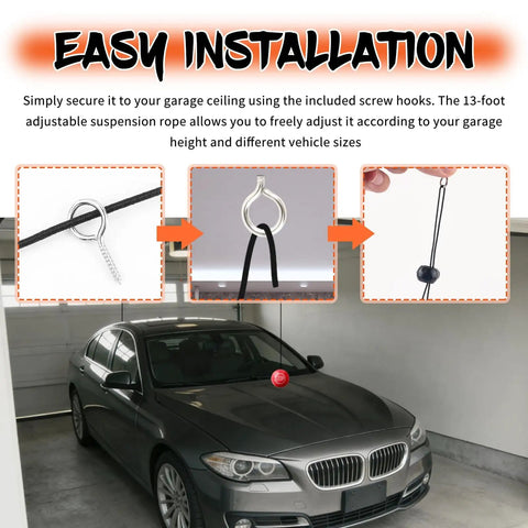 Two Pack Garage Tennis Ball Parking Aid With Soft PU Ball And 13 Ft Adjustable Rope installed over a car in a garage