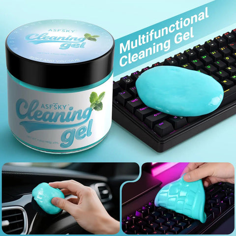 Mint Scented Car Cleaning Gel 160g Aromatherapy Dust Buster For Air Vents And Hard To Reach Corners Soft Gel Grabs Dust In Dashboard Console Crevices And Cup Holders With Fresh Mint Aroma. Green gel cleaner on keyboard and car vent