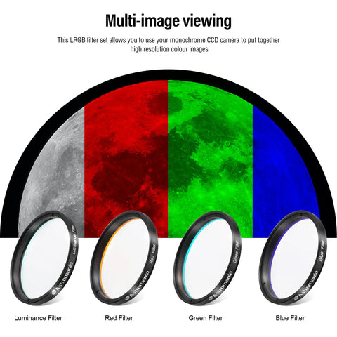 Deluxe LRGB 2 Inch Filter Set For Astrophotography With Monochrome CCD Cameras Blocks UV And IR with luminance, red, green, blue filters.