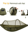 Two In One Pop Up Hammock Tent With Mosquito Net For One Person showing setup steps and breathable mesh, Army Green