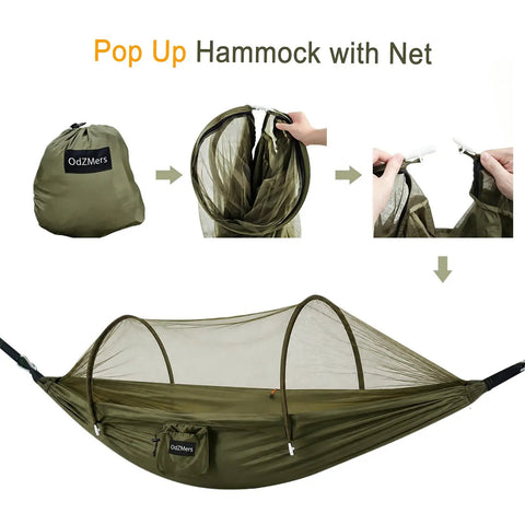Two In One Pop Up Hammock Tent With Mosquito Net For One Person showing setup steps and breathable mesh, Army Green
