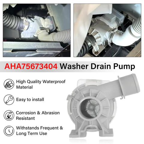 Upgraded AHA75673404 Washer Drain Pump Assembly for LG Washing Machine Replacement, installed with hoses