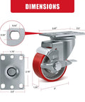 3 Inch Tough As Nails Industrial Heavy Duty Caster Set Of 4 With Polyurethane On Cast Iron Wheels, 2 Brakes And 2 Rigid dimensions