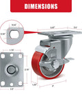 Three Inch Heavy Duty Casters Set Of Four Featuring Polyurethane Tread On Cast Iron Core, Dual Swivel Rollers Plus Two Locking Brakes, Heavy Lifter 1400 Lb Capacity For Cart Gear And Shop Builds dimensions and measurements