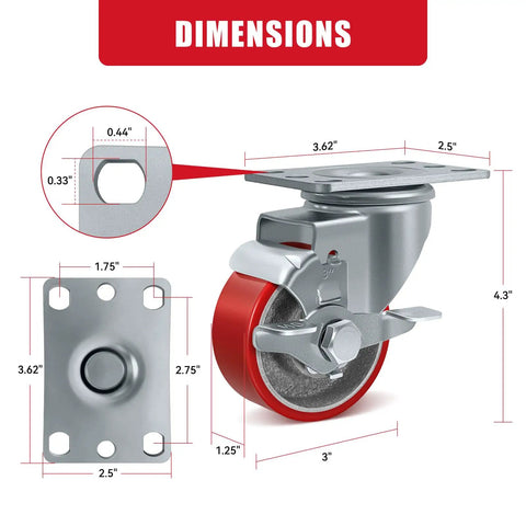 Three Inch Heavy Duty Casters Set Of Four Featuring Polyurethane Tread On Cast Iron Core, Dual Swivel Rollers Plus Two Locking Brakes, Heavy Lifter 1400 Lb Capacity For Cart Gear And Shop Builds dimensions and measurements