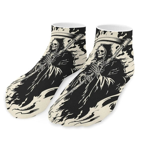 Scythe Themed Dope Ankle Socks For Men And Women with grim reaper print, breathable athletic low cut, synthetic fiber, black and white