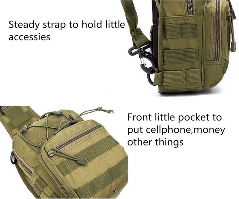Compact Tactical Outdoor Backpack With 3 Way Carry displaying front pocket and strap for everyday carry.