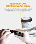Non Embedding Bore Cleaning Compound For Gun Barrels Heavy Duty Solvent Oil Paste shown with cleaning tools in use