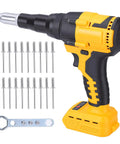 20V Cordless Rivet Gun With Brushless Motor And 2000 Lbs Kick Ass Power Includes three nose tips and a wrench for easy use.