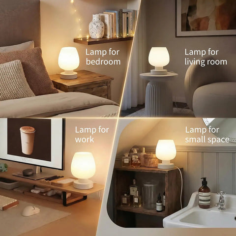 Compact Bedside Lamp With 3 Way Dimmable Touch Control, 600 Lumens Opal Glass Shade, 7.5 Inch Nightstand Light in different settings