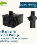 Solid 280 GPH Submersible Pond Pump With Adjustable Flow, Energy Efficient Water Circulation and 3/4 in adapter visible