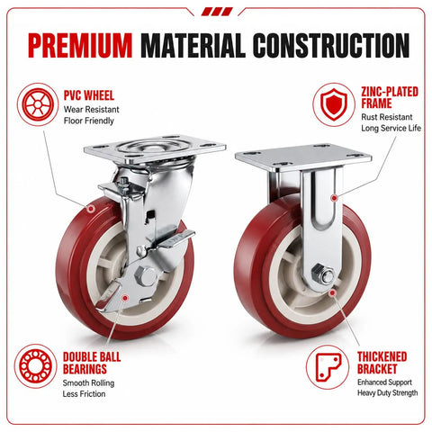 Heavy Duty Caster Wheels Set Of Four With Six Inch PVC Treads showing PVC wheel, zinc-plated frame and double ball bearings.