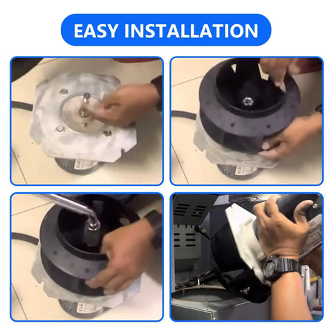 Blower Fan Assembly Replacement For Dryers 9.51 OD T45 installation steps showing hands assembling and placing blower unit