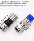 RG6 F Type coaxial cable compression connectors, nickel-plated brass, 29.6mm and 31.5mm length, anti-rust and corrosion-resistant.
