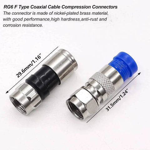 RG6 F Type coaxial cable compression connectors, nickel-plated brass, 29.6mm and 31.5mm length, anti-rust and corrosion-resistant.