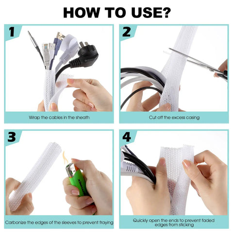 White Cable Sleeve Kit, 2 Pack, 5ft Each, 0.75 to 1.2 Inch Diameter Wire Management Tubes for Desk and TV Cables usage steps.