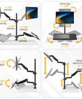 Slick Sit Stand Monitor Arm With Keyboard Tray For Up To 32 Inch Displays, gas spring mount showing swivel and height adjustments.