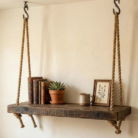 Wooden shelf hanging with heavy duty natural jute rope one half inch by 100 feet for crafts and DIY projects, braided Manila rope.