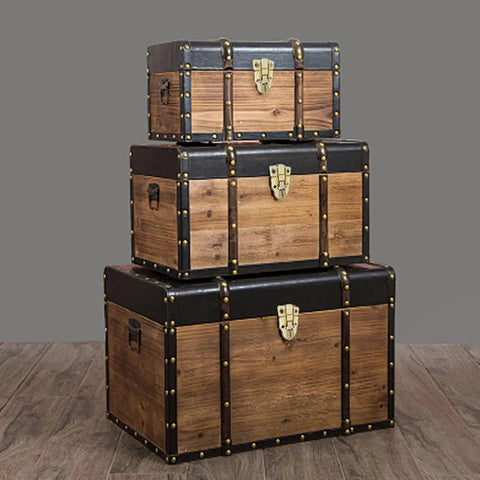 Stacked chests with 4 Pack Antique Wooden Box Hinges And Toggle Latch Set For Crafts And Jewelry Boxes, Iron Hardware With Gleaming Golden Finish.