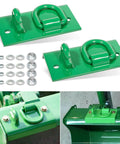 Heavy Duty Bolt On Tractor Bucket Hook Grab Hooks D Rings Compatible With Wide Range Of Compact And Utility Tractors Including 1025R 2320 2520 2720 2025R 2032R 2038R 3032E 4010 4100 4110 4115 showing green hooks with bolts and D-rings.