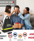 Family with Grab And Go Emergency Car Kit With Jumper Cables For Roadside Safety, compact and portable black bundle on sofa