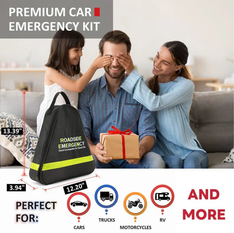 Family with Grab And Go Emergency Car Kit With Jumper Cables For Roadside Safety, compact and portable black bundle on sofa