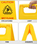 Close-up of Three Pack 25 Inch Two Sided Wet Floor Caution Signs A Frame Fold Out Bright Yellow Multilingual Safety Warnings.