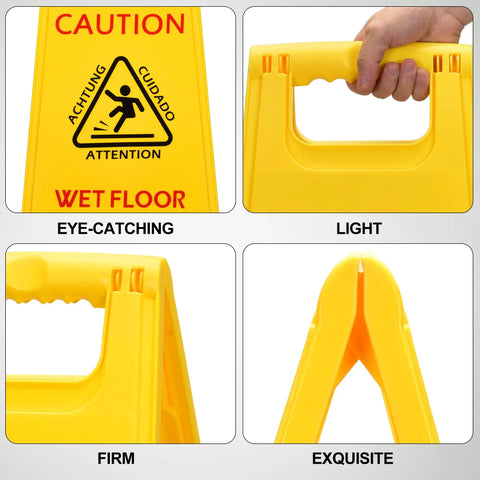 Close-up of Three Pack 25 Inch Two Sided Wet Floor Caution Signs A Frame Fold Out Bright Yellow Multilingual Safety Warnings.