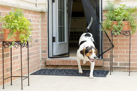 Dog walking through Magnetic Screen Door With Fiberglass Mesh And Strong Magnets, Heavy Duty For Doorways And Sliding Doors Screens