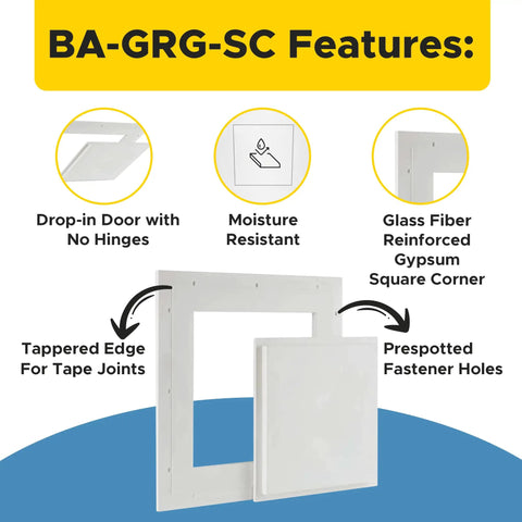 No Sweat 18 x 18 Flush Mount Ceiling Access Panel Built Like A Tank With Glass Fiber Reinforced Gypsum, features moisture resistant design.