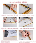 Installation steps for Open Type Frame Channel Picture Frame Hangers Kit with D-Ring hooks, showing tools and process.