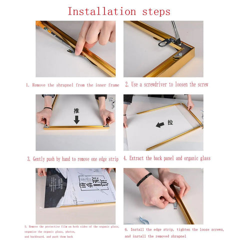 Installation steps for Open Type Frame Channel Picture Frame Hangers Kit with D-Ring hooks, showing tools and process.