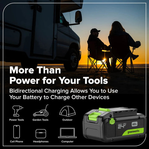 Camping scene with RV, two people in chairs, and the 24V Half Inch Brushless Cordless Drill That Beasts 800 Inch Pounds Torque visible.