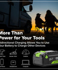 Rugged 24 Volt Cordless Tool Combo Featuring Drill And Impact Driver Plus Circular Saw And Multi Tool Includes Dual High Capacity Batteries Quick Charge Adapter and Mobile Power Bank, showcasing power bank in outdoor setting.